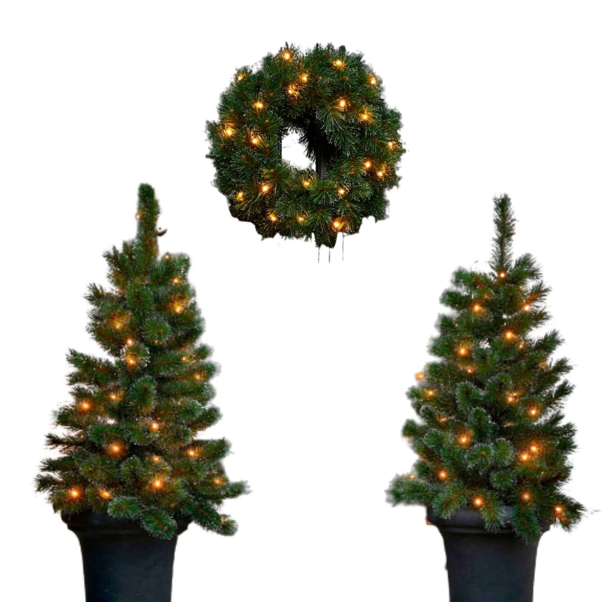 Black Box 2x Besneeuwde kunstkerstboom + 1x Kerstkrans 'Glendon' incl. ledverlichting - Kerstcollectie