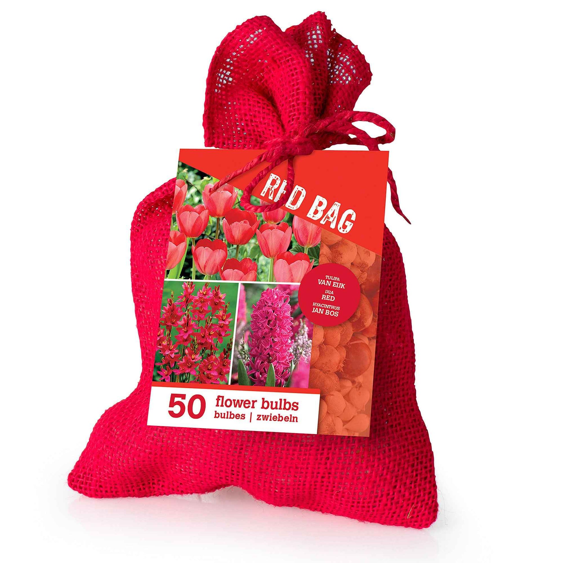 50x Bloembollen in jute zak mix Rood - Gemengde bloembollen